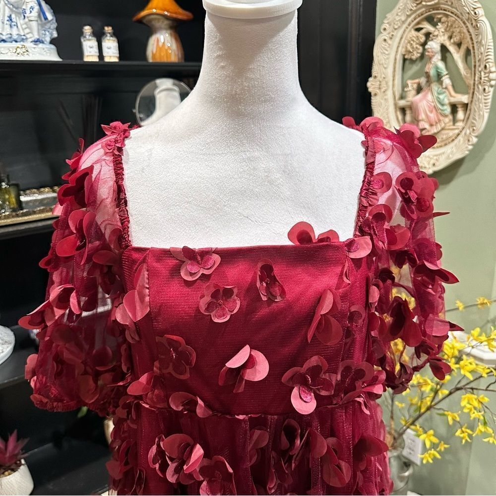TCEC Burgundy Mini Dress with 3D Petal Appliqués - Picture 2 of 14